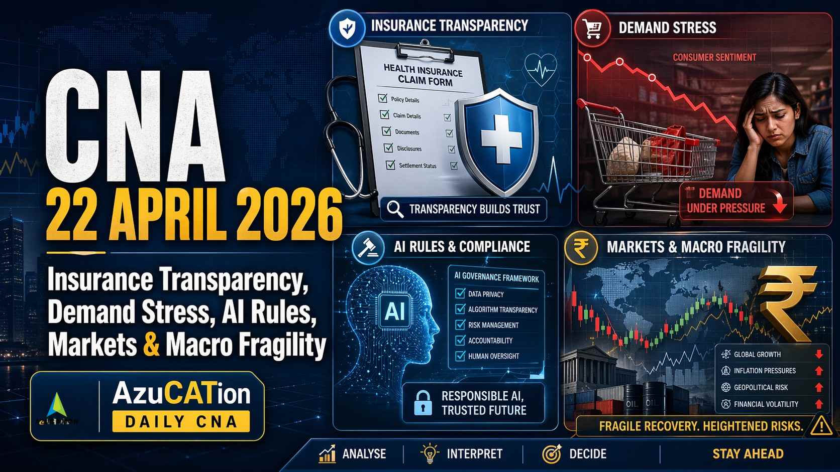 CNA 22 April 2026 | Insurance Transparency, Demand Stress, AI Rules, Markets & Macro Fragility