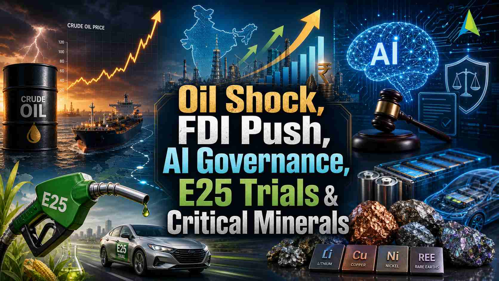 Oil Shock, FDI Push, AI Governance, E25 Trials & Critical Minerals